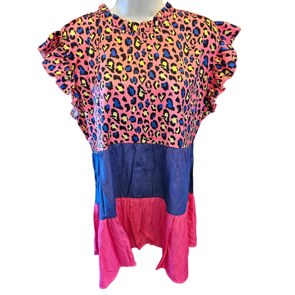 Sunshine and rodeo L colorblock leapord bright relaxed fit frill blouse top EUC^